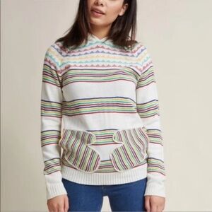 Modcloth Smitten Mitten Rainbow Striped Knit Sweater Hoodie Medium